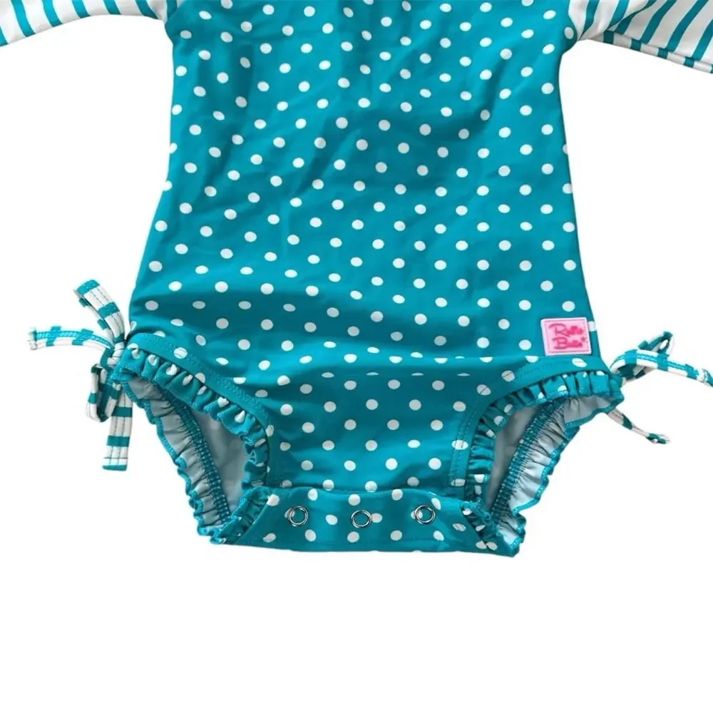 Ruffle Butts Aqua Polka Dot Long Sleeve Rash Guard Size 3-6 M